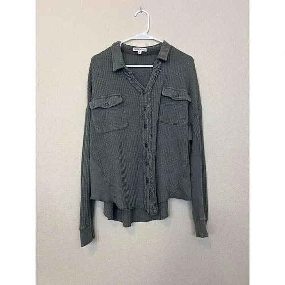 Frye and CO. Womens Long Sleeve Button Down Shirt Size L Green Waffe Thermal - Picture 2 of 11